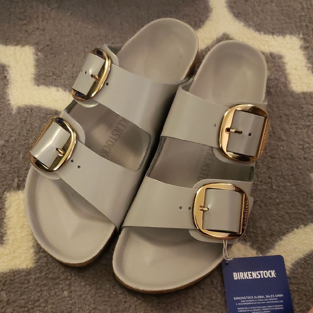 Birkenstock Light Gray Sandals with Gold Buckles